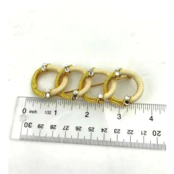 VTG Gold Tone Enamel Brooch Pin Clear Rhinestone Circle Loop Retro - Picture 4 of 8